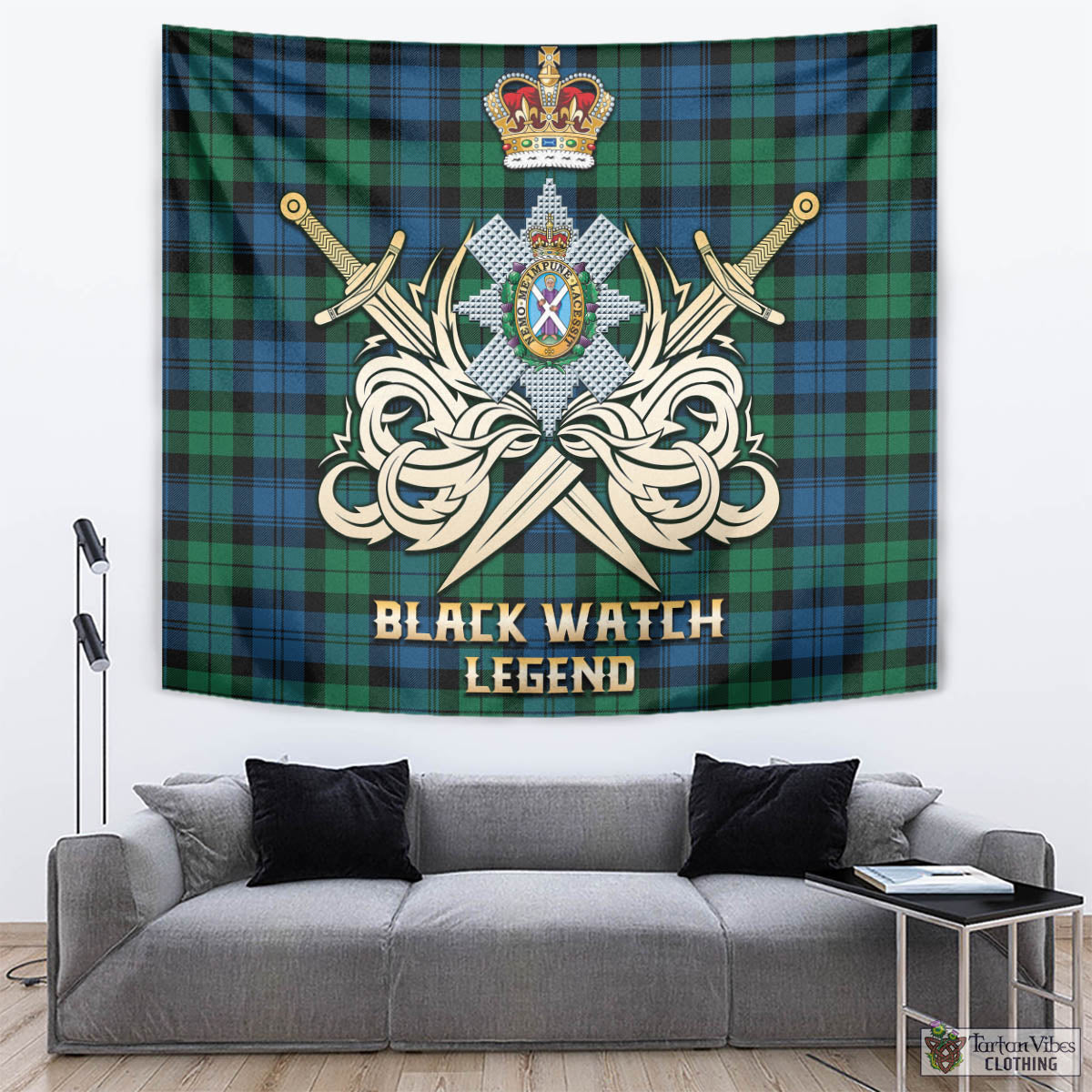 Tartan Vibes Clothing Black Watch Ancient Tartan Tapestry with Clan Crest and the Golden Sword of Courageous Legacy