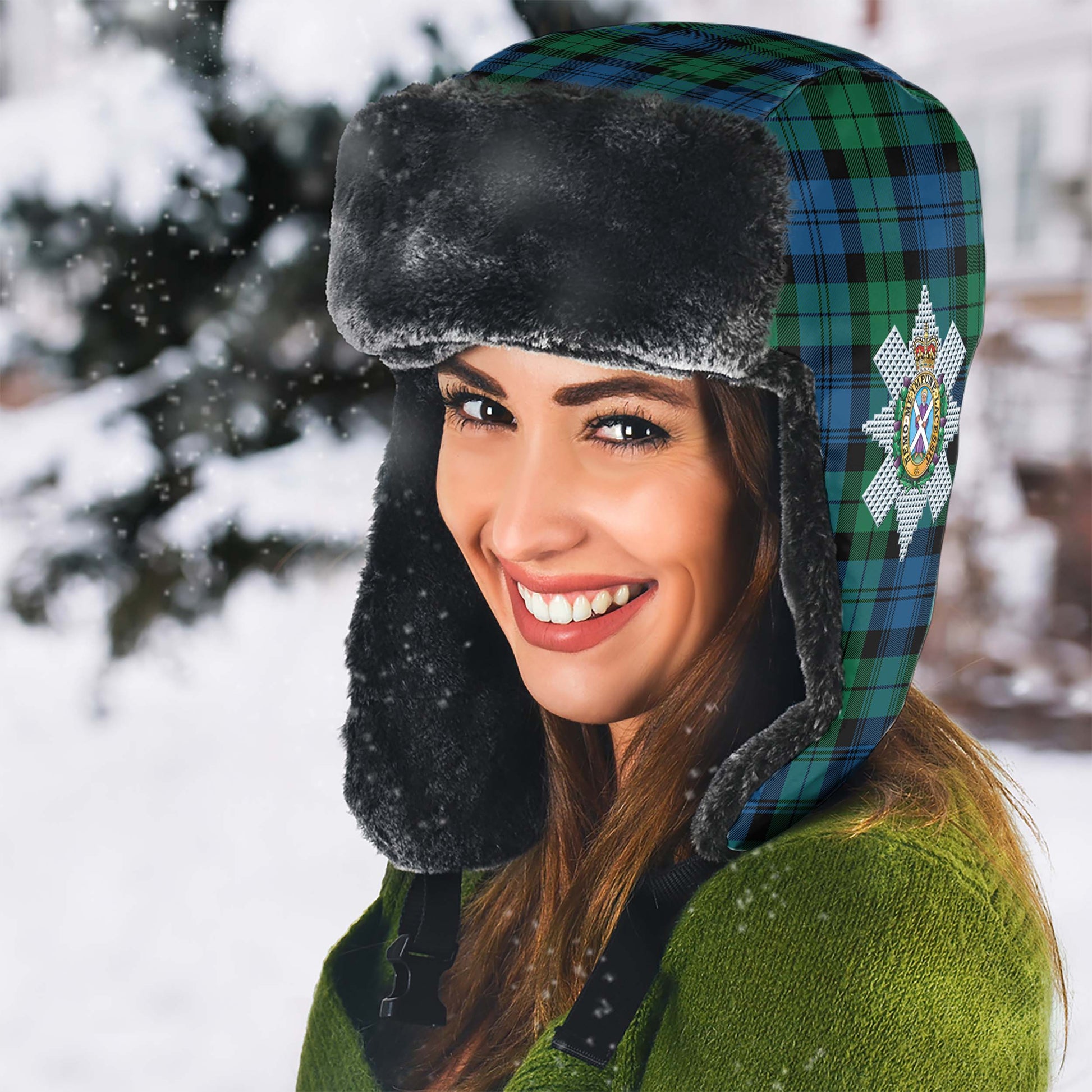 Black Watch Ancient Tartan Winter Trapper Hat with Family Crest - Tartanvibesclothing