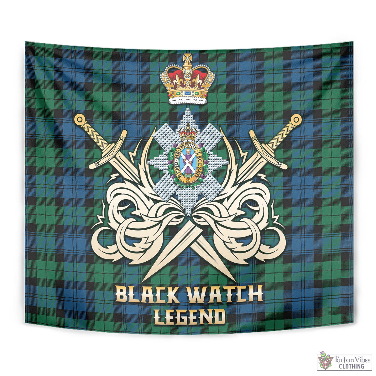 Tartan Vibes Clothing Black Watch Ancient Tartan Tapestry with Clan Crest and the Golden Sword of Courageous Legacy