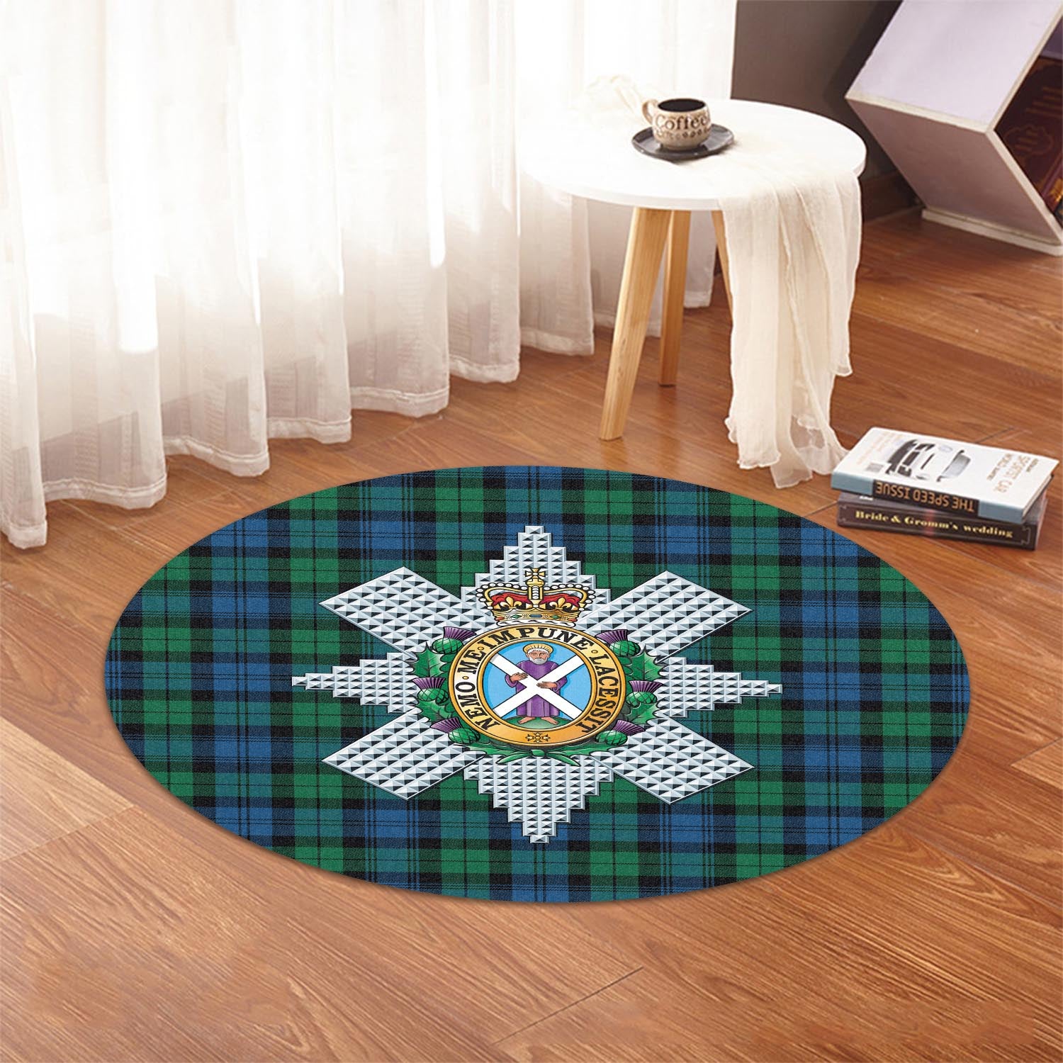 Black Watch Ancient Tartan Round Rug with Family Crest - Tartanvibesclothing