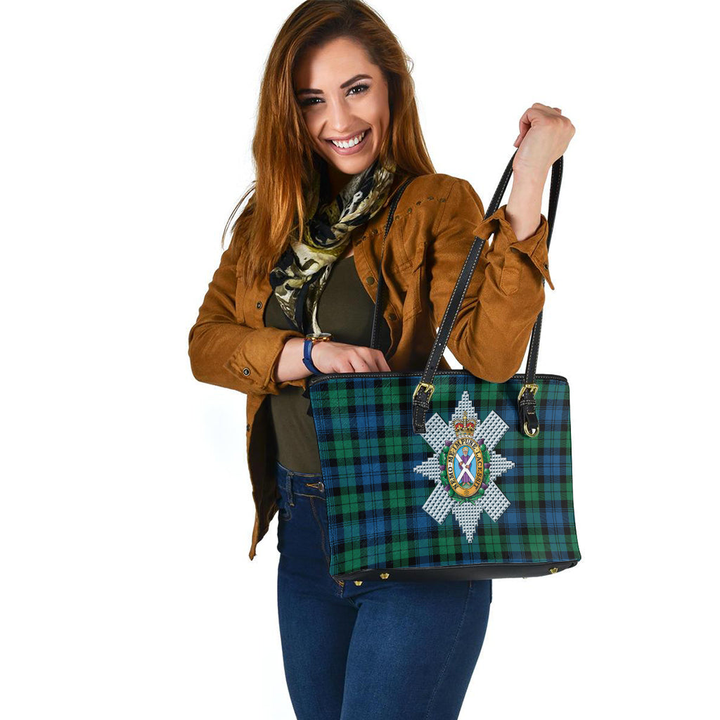 Black Watch Ancient Tartan Leather Tote Bag with Family Crest - Tartanvibesclothing