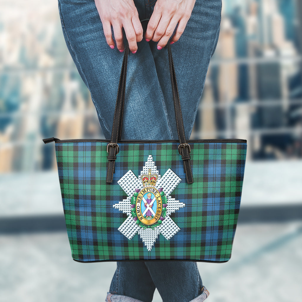 Black Watch Ancient Tartan Leather Tote Bag with Family Crest - Tartanvibesclothing