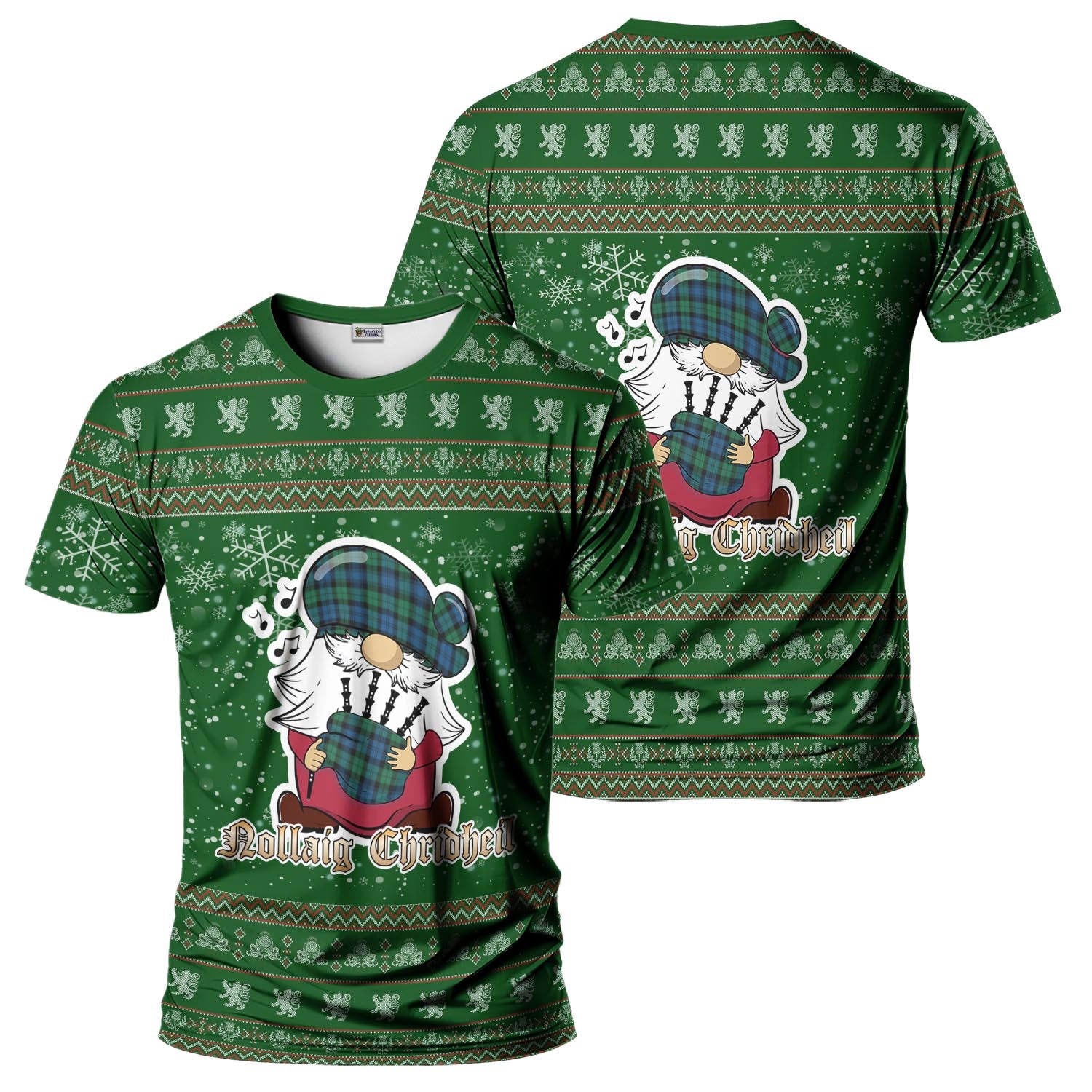 Black Watch Ancient Clan Christmas Family T-Shirt with Funny Gnome Playing Bagpipes Men's Shirt Green - Tartanvibesclothing