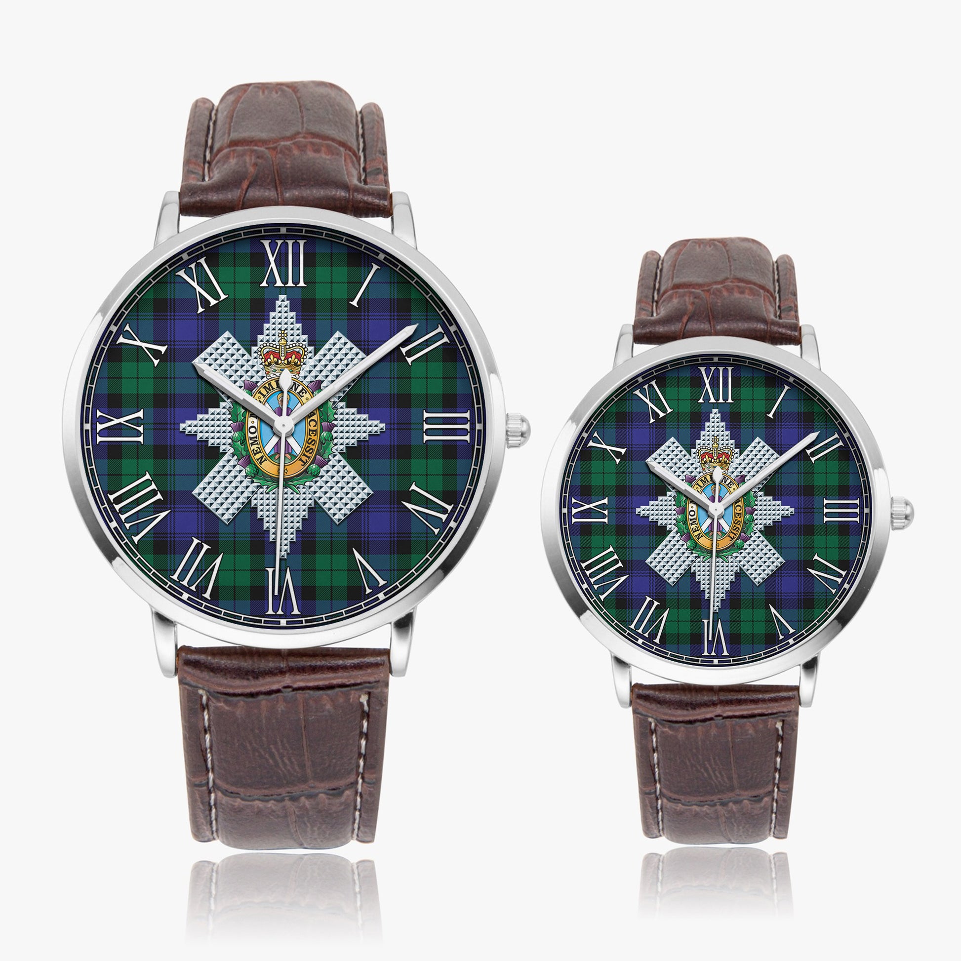 Black Watch Modern Tartan Family Crest Leather Strap Quartz Watch - Tartanvibesclothing