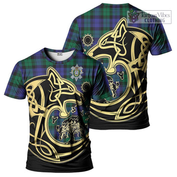 Black Watch Modern Tartan T-Shirt with Family Crest Celtic Wolf Style