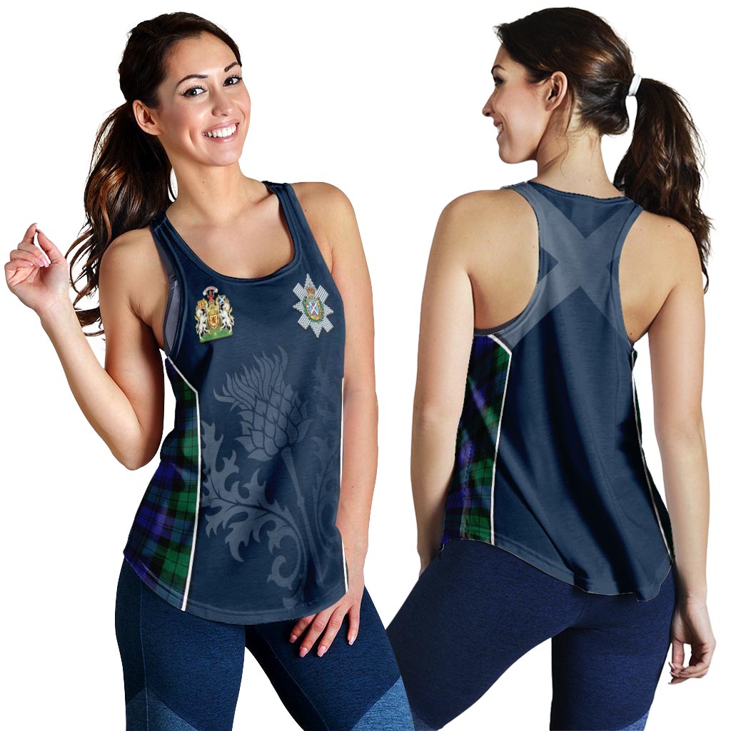 Tartan Vibes Clothing Black Watch Modern Tartan Women's Racerback Tanks with Family Crest and Scottish Thistle Vibes Sport Style