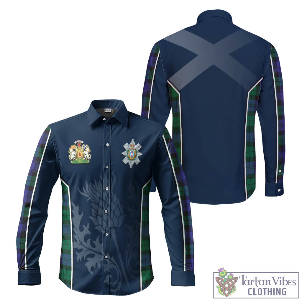 Tartan Vibes Clothing Black Watch Modern Tartan Long Sleeve Button Up Shirt with Family Crest and Scottish Thistle Vibes Sport Style