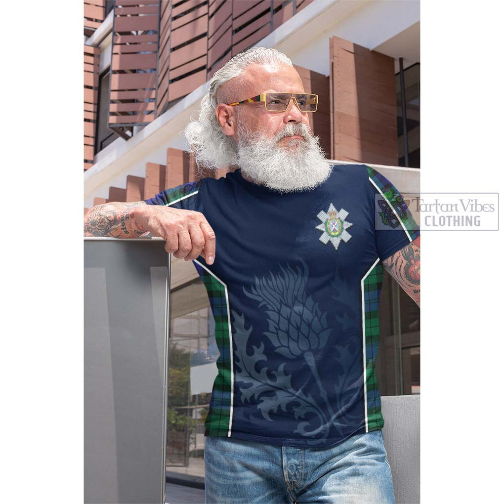 Tartan Vibes Clothing Black Watch Modern Tartan Cotton T-shirt with Family Crest and Scottish Thistle Vibes Sport Style