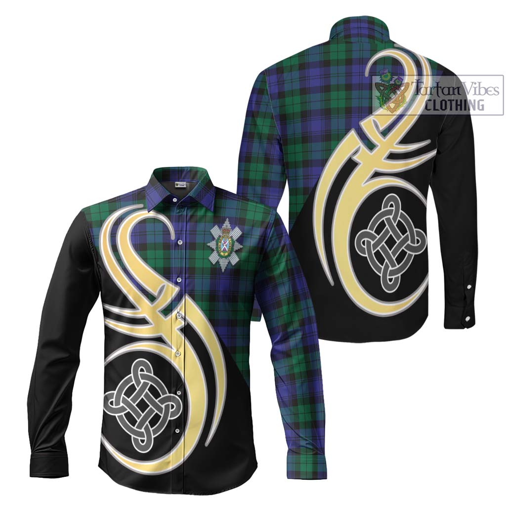 Black Watch Modern Tartan Long Sleeve Button Shirt with Family Crest and Celtic Symbol Style Men's Shirt S - Tartan Vibes Clothing