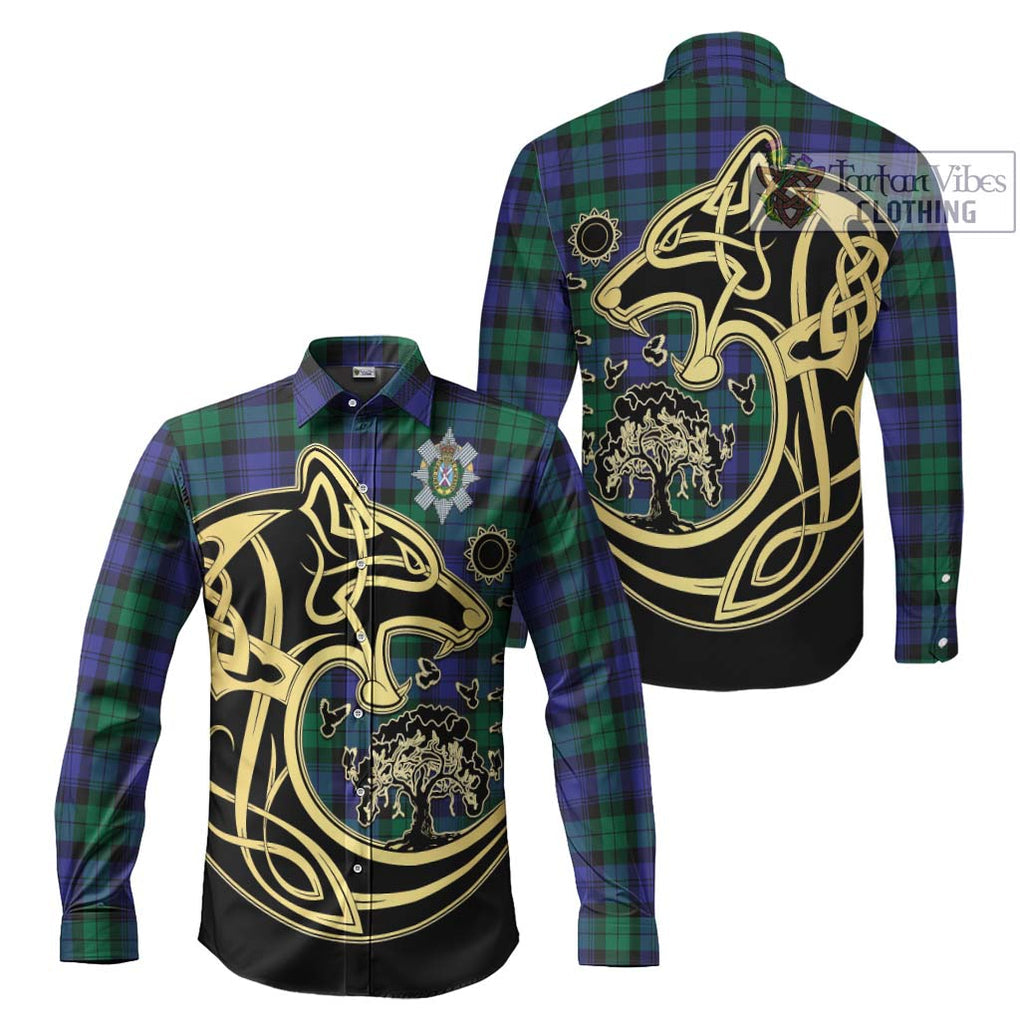 Black Watch Modern Tartan Long Sleeve Button Shirt with Family Crest Celtic Wolf Style Men's Shirt S - Tartan Vibes Clothing