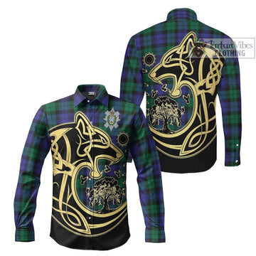 Black Watch Modern Tartan Long Sleeve Button Shirt with Family Crest Celtic Wolf Style