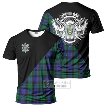 Black Watch Modern Tartan T-Shirt with Family Crest and Military Logo Style