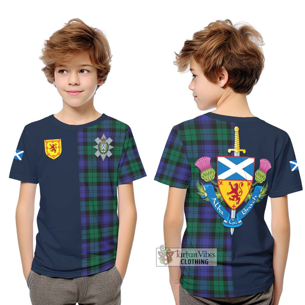 Tartan Vibes Clothing Black Watch Modern Tartan Kid T-Shirt with Scottish Lion Royal Arm Half Style