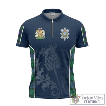 Black Watch Modern Tartan Zipper Polo Shirt with Family Crest and Scottish Thistle Vibes Sport Style