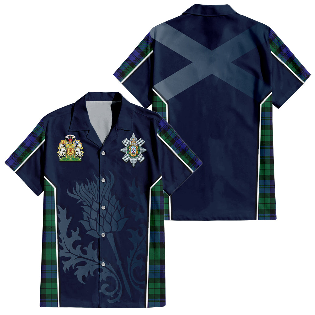 Tartan Vibes Clothing Black Watch Modern Tartan Short Sleeve Button Up Shirt with Family Crest and Scottish Thistle Vibes Sport Style