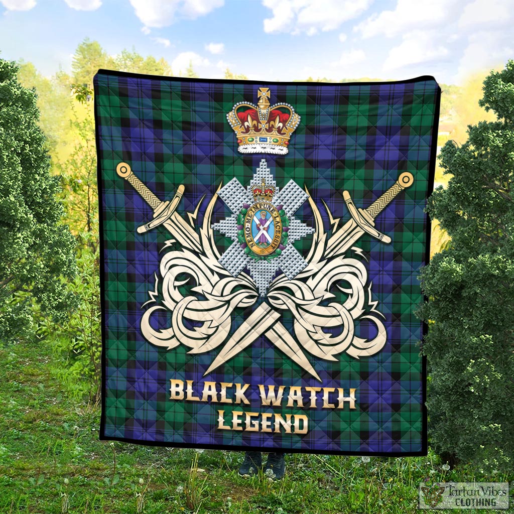 Tartan Vibes Clothing Black Watch Modern Tartan Quilt with Clan Crest and the Golden Sword of Courageous Legacy