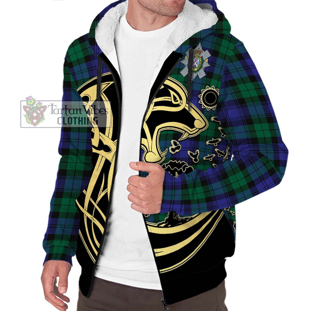 Black Watch Modern Tartan Sherpa Hoodie with Family Crest Celtic Wolf Style Unisex S - Tartan Vibes Clothing