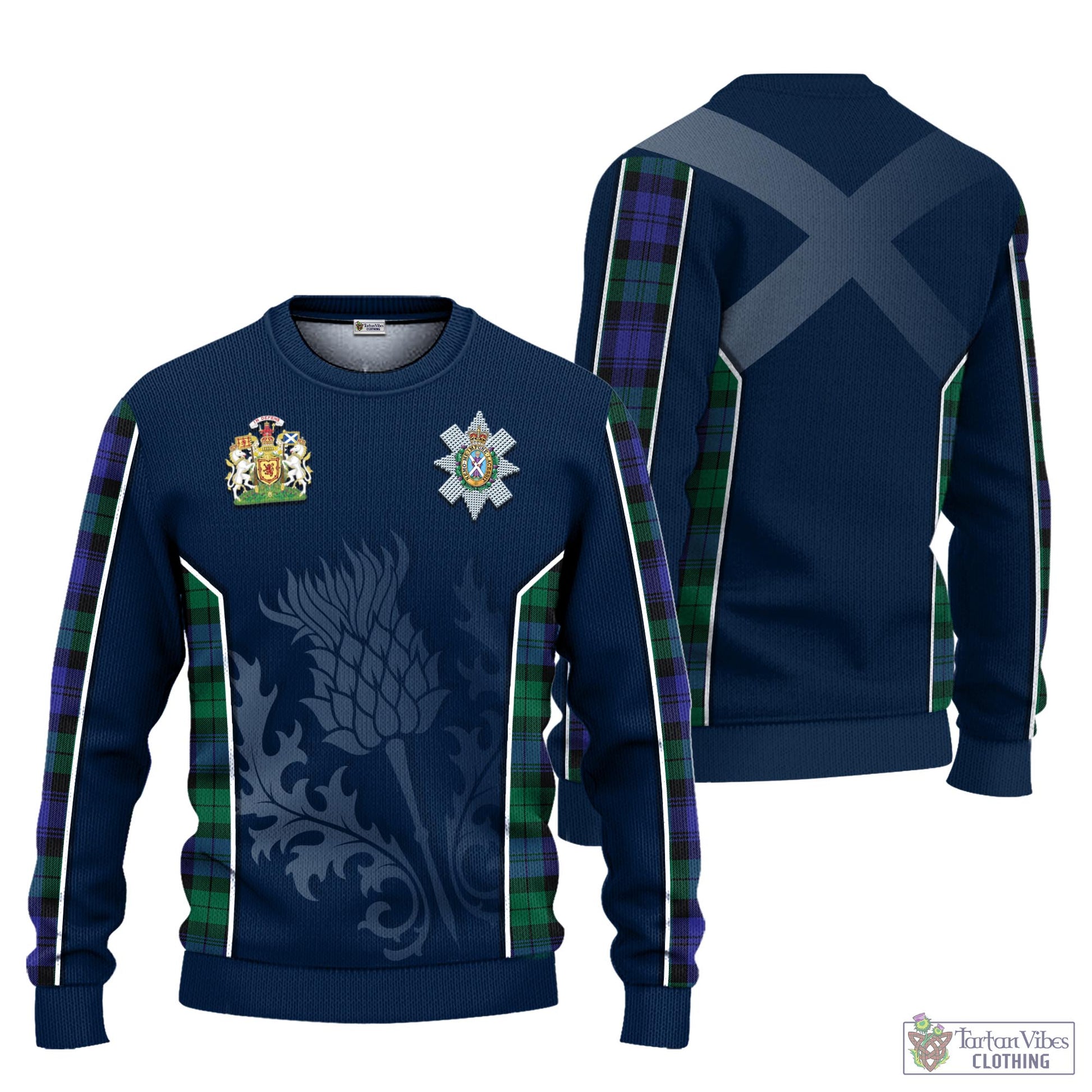 Tartan Vibes Clothing Black Watch Modern Tartan Knitted Sweatshirt with Family Crest and Scottish Thistle Vibes Sport Style