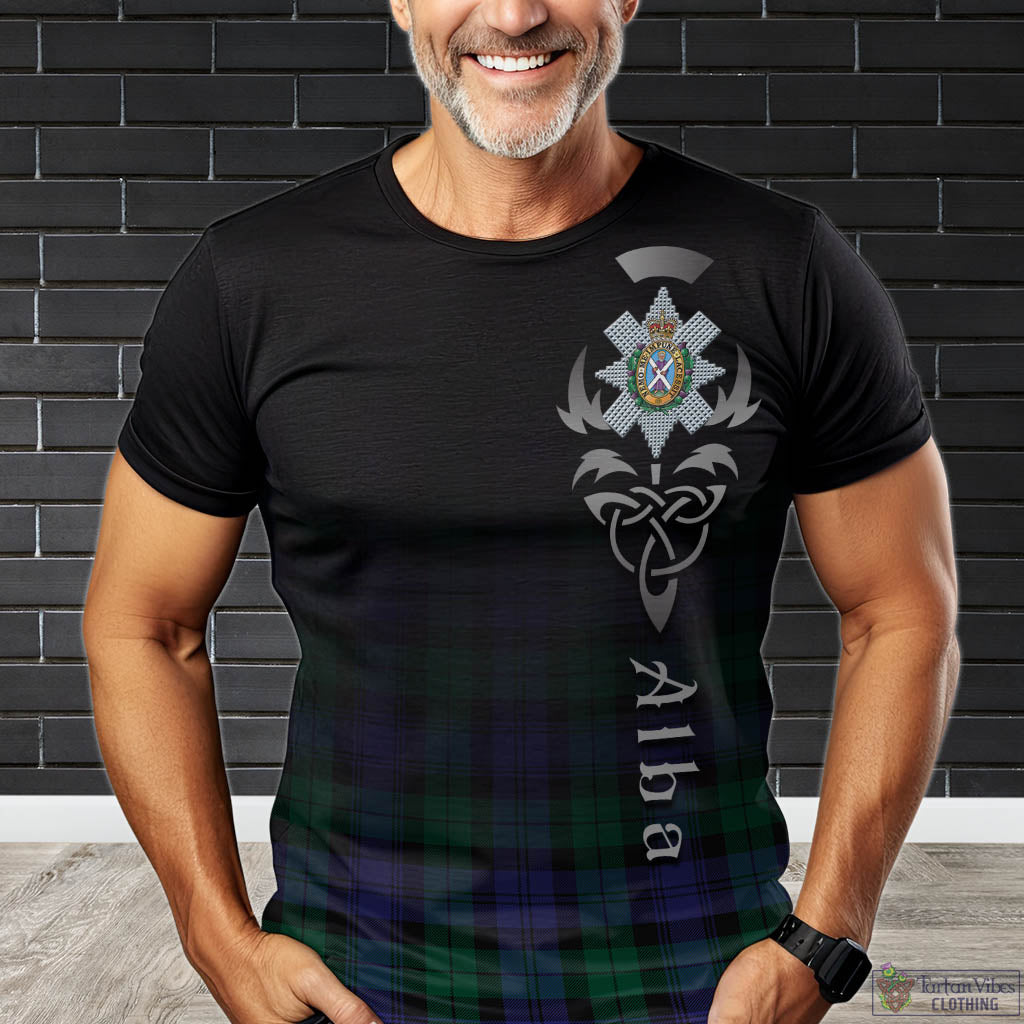 Tartan Vibes Clothing Black Watch Modern Tartan T-Shirt Featuring Alba Gu Brath Family Crest Celtic Inspired