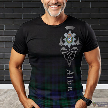 Black Watch Modern Tartan T-Shirt Featuring Alba Gu Brath Family Crest Celtic Inspired