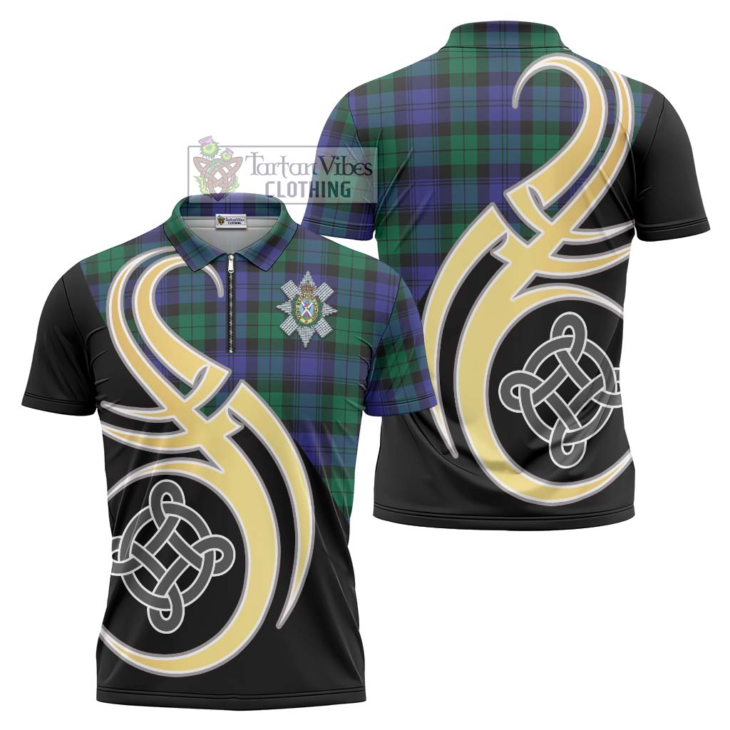 Tartan Vibes Clothing Black Watch Modern Tartan Zipper Polo Shirt with Family Crest and Celtic Symbol Style