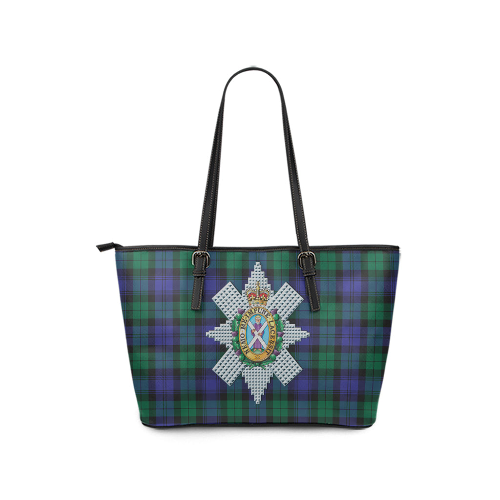 Black Watch Modern Tartan Leather Tote Bag with Family Crest - Tartanvibesclothing