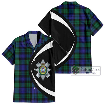 Black Watch Modern Tartan Short Sleeve Button Up with Family Crest Circle Style