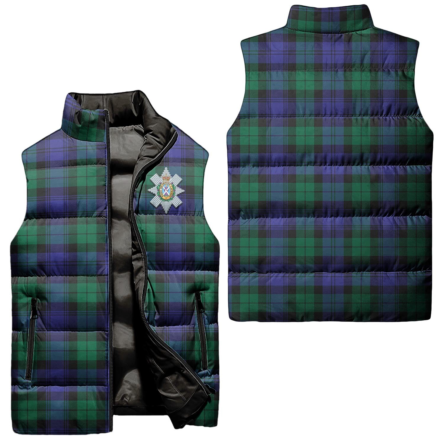 Black Watch Modern Tartan Sleeveless Puffer Jacket with Family Crest Unisex - Tartanvibesclothing