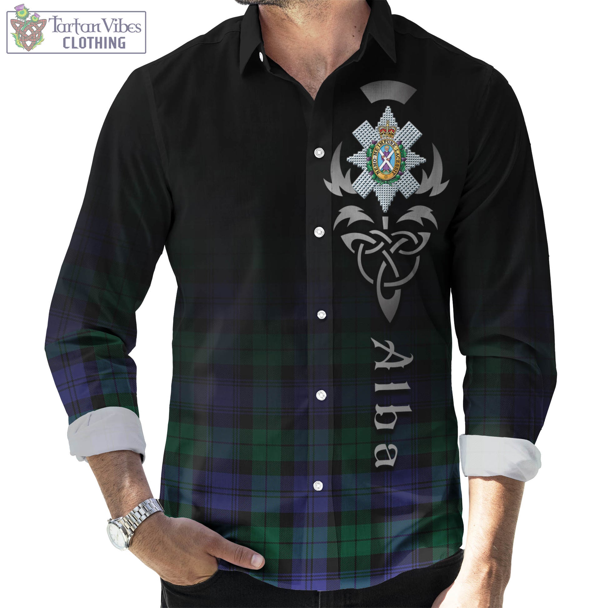 Tartan Vibes Clothing Black Watch Modern Tartan Long Sleeve Button Up Featuring Alba Gu Brath Family Crest Celtic Inspired