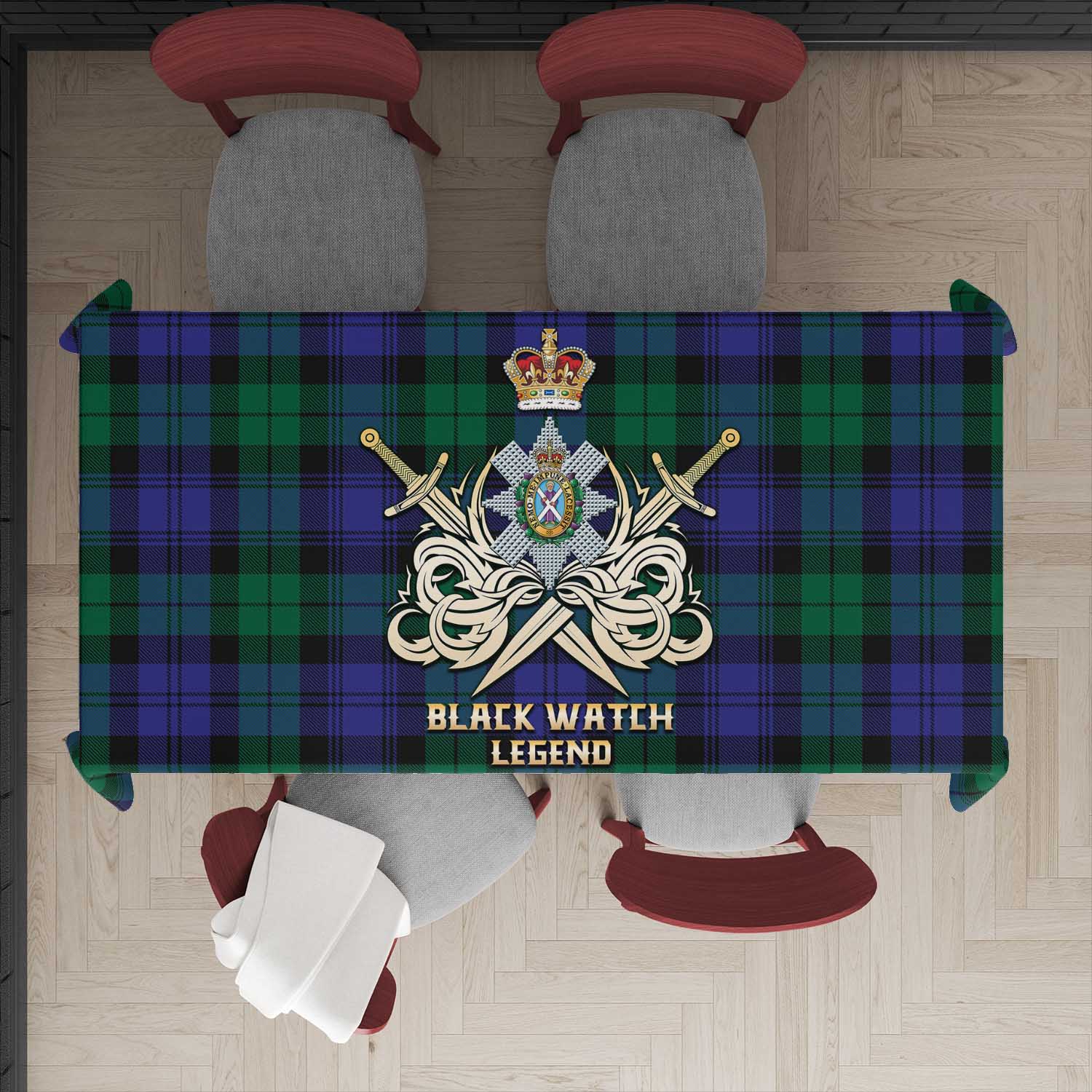 Tartan Vibes Clothing Black Watch Modern Tartan Tablecloth with Clan Crest and the Golden Sword of Courageous Legacy