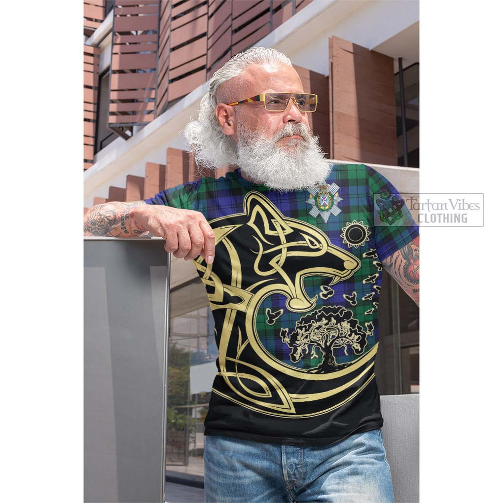 Tartan Vibes Clothing Black Watch Modern Tartan Cotton T-shirt with Family Crest Celtic Wolf Style