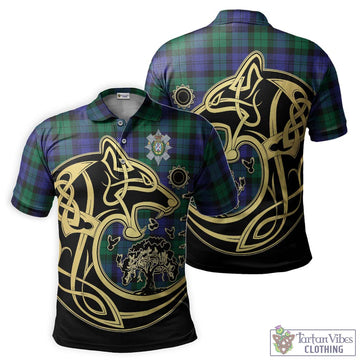 Black Watch Modern Tartan Polo Shirt with Family Crest Celtic Wolf Style