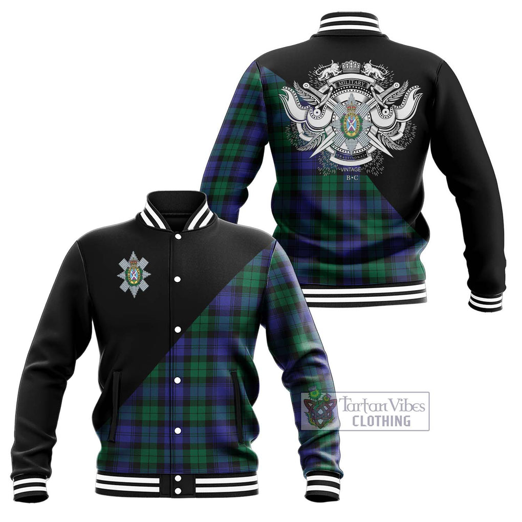 Black Watch Modern Tartan Baseball Jacket with Family Crest and Military Logo Style Unisex - Tartanvibesclothing Shop