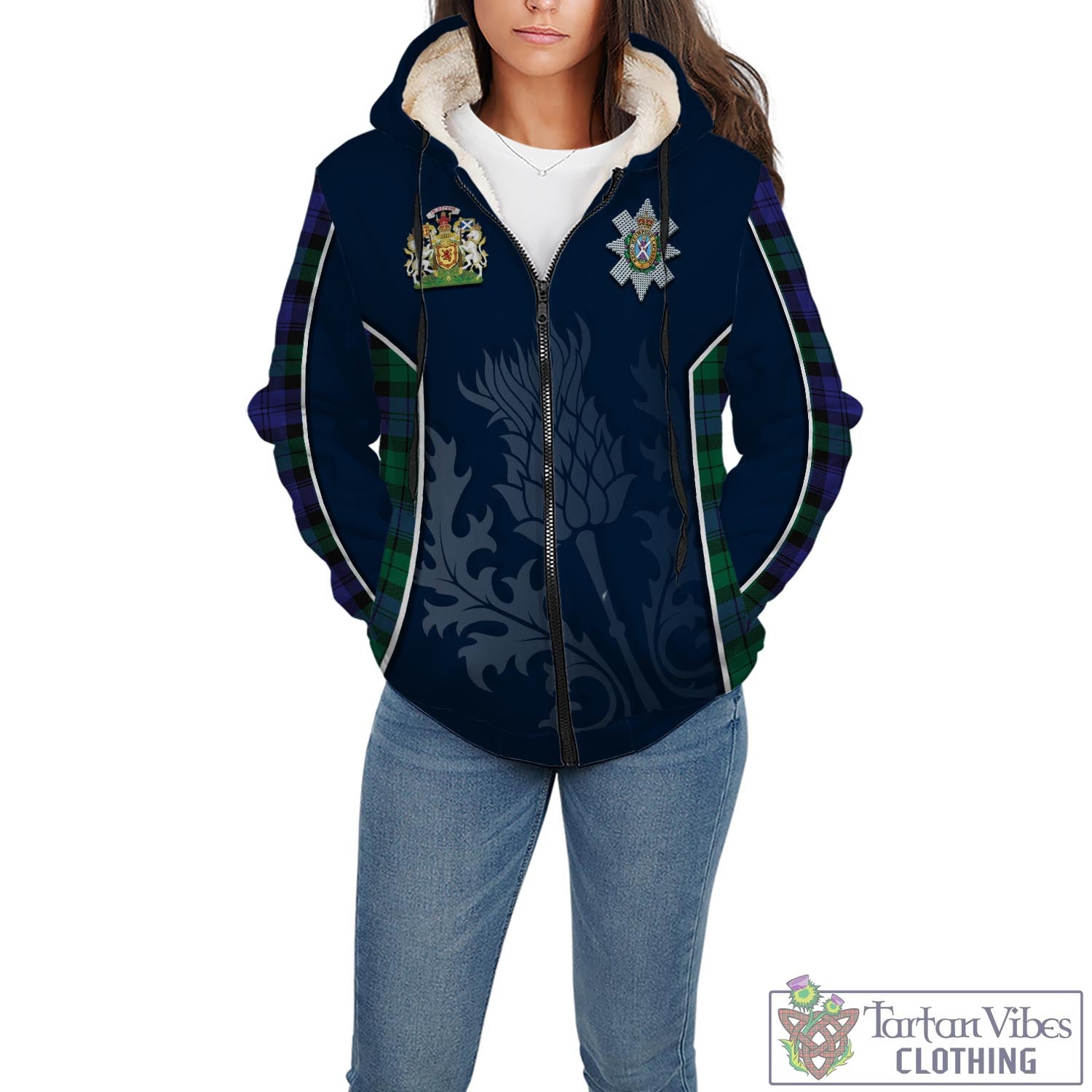 Tartan Vibes Clothing Black Watch Modern Tartan Sherpa Hoodie with Family Crest and Scottish Thistle Vibes Sport Style