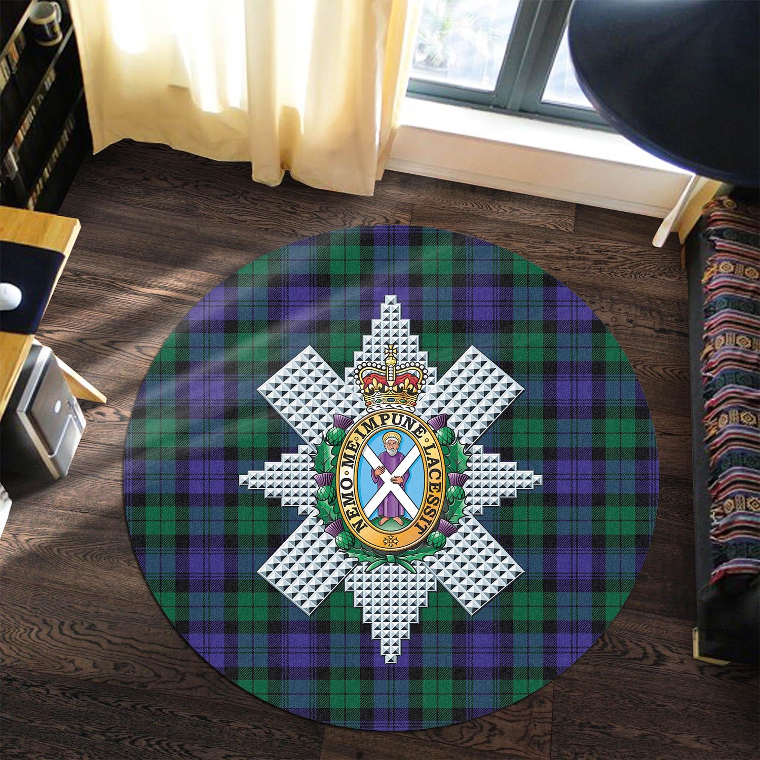 Black Watch Modern Tartan Round Rug with Family Crest - Tartanvibesclothing