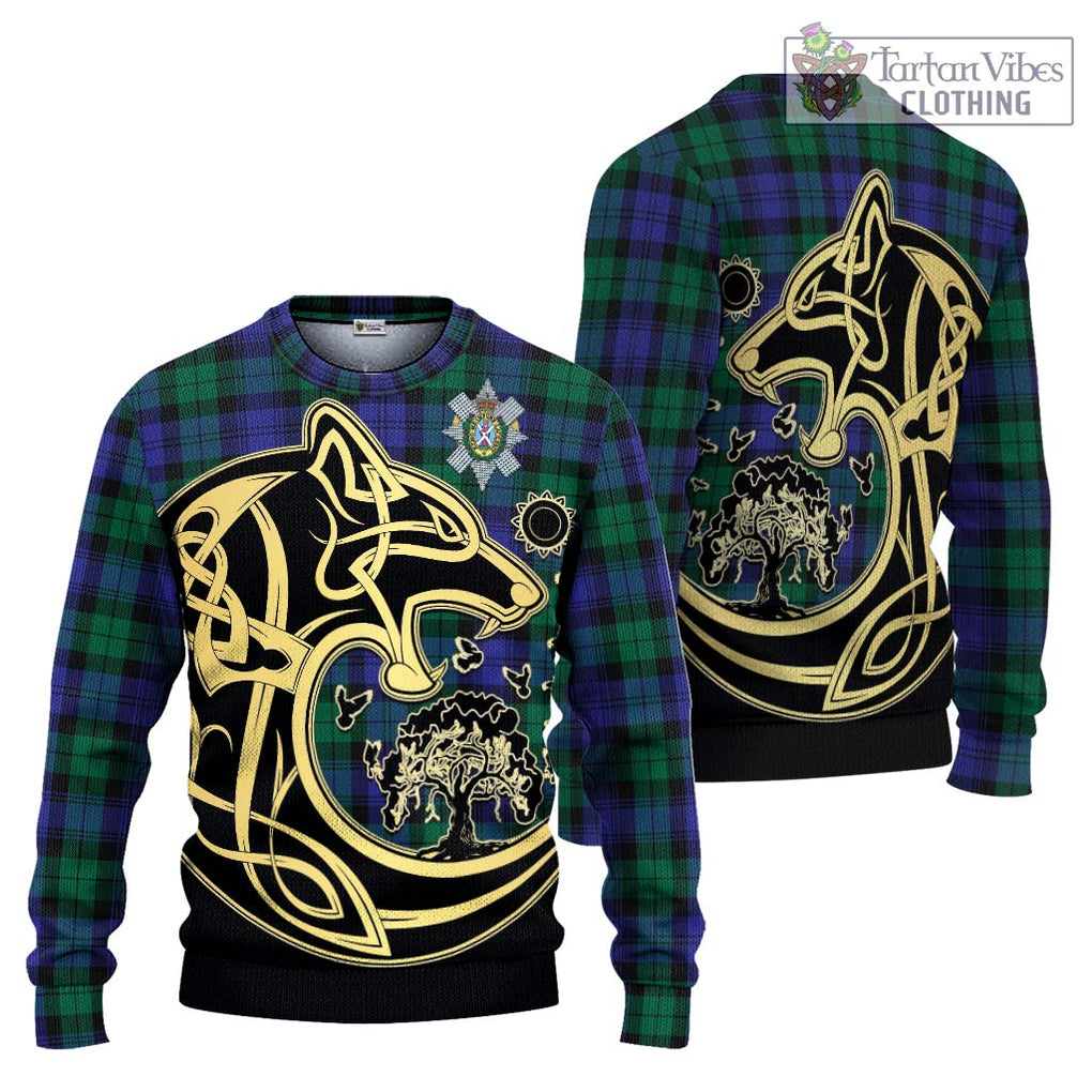 Black Watch Modern Tartan Knitted Sweater with Family Crest Celtic Wolf Style Unisex - Tartan Vibes Clothing