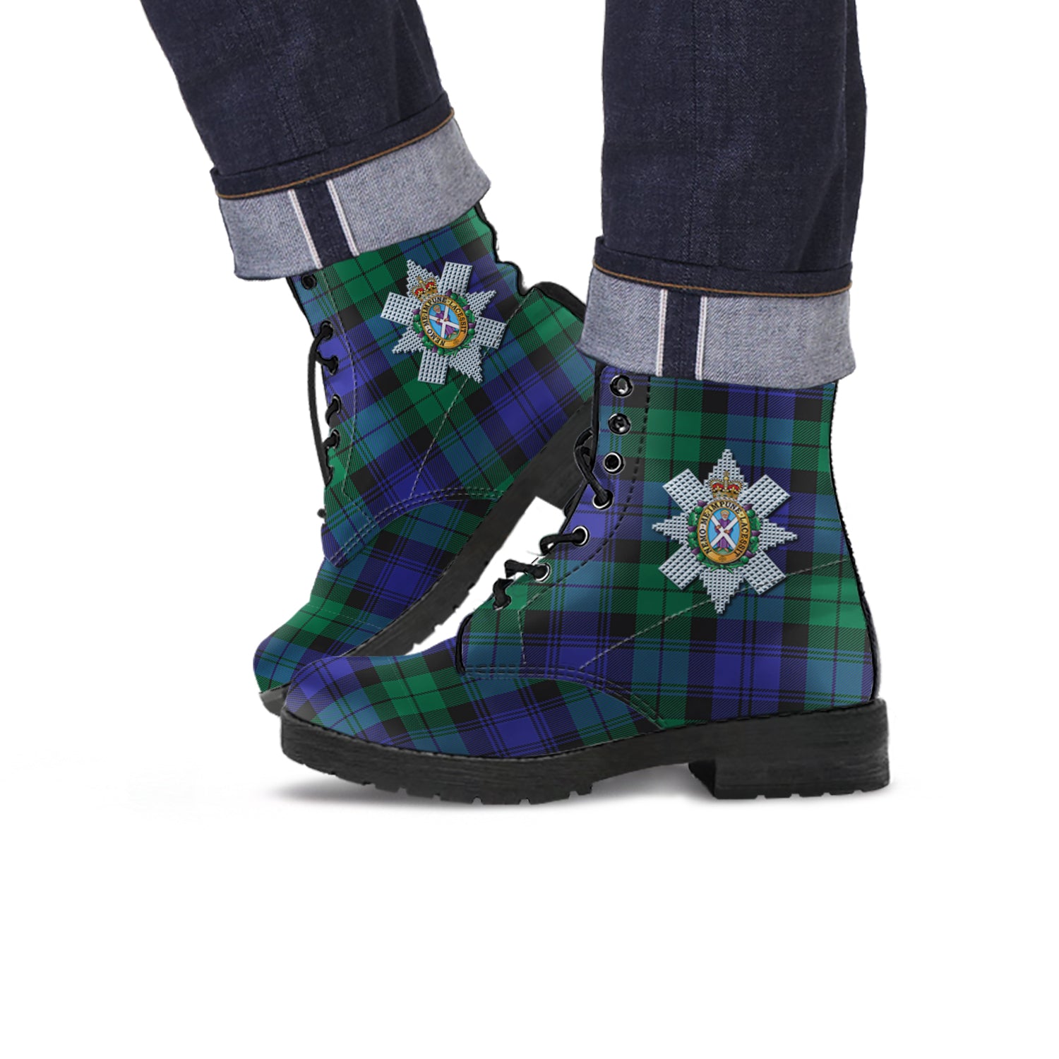 Black Watch Modern Tartan Leather Boots with Family Crest - Tartanvibesclothing