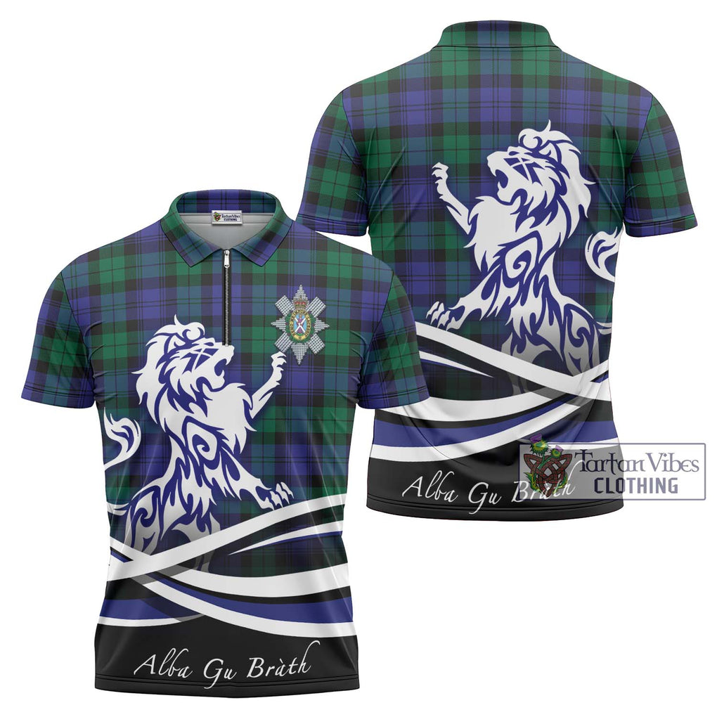 Black Watch Modern Tartan Zipper Polo Shirt with Alba Gu Brath Regal Lion Emblem Unisex - Tartanvibesclothing Shop