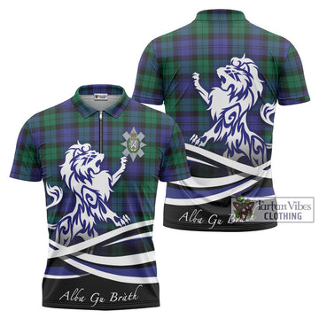 Black Watch Modern Tartan Zipper Polo Shirt with Alba Gu Brath Regal Lion Emblem