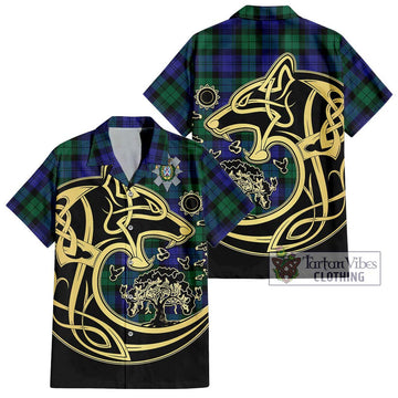 Black Watch Modern Tartan Short Sleeve Button Shirt with Family Crest Celtic Wolf Style