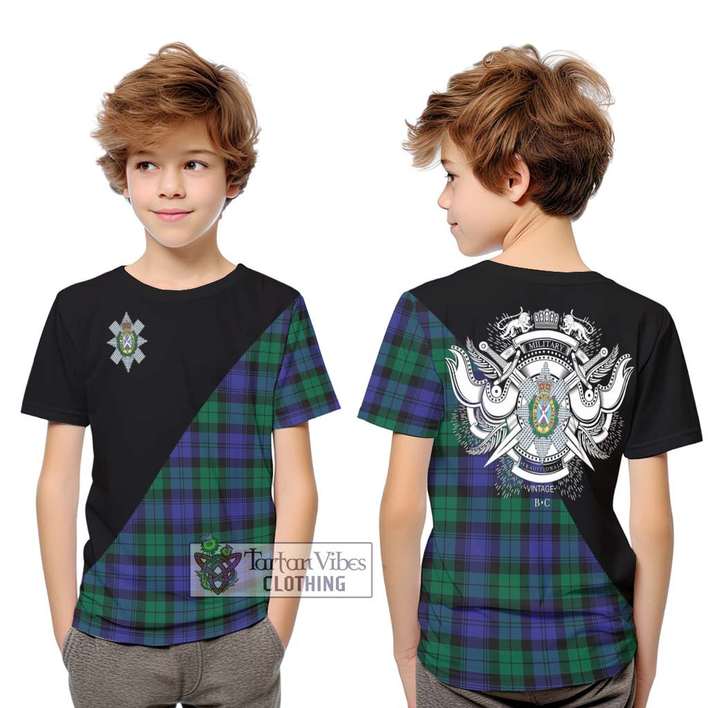 Black Watch Modern Tartan Kid T-Shirt with Family Crest and Military Logo Style Youth XL Size14 - Tartanvibesclothing Shop