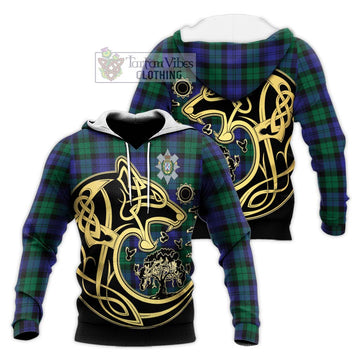 Black Watch Modern Tartan Knitted Hoodie with Family Crest Celtic Wolf Style