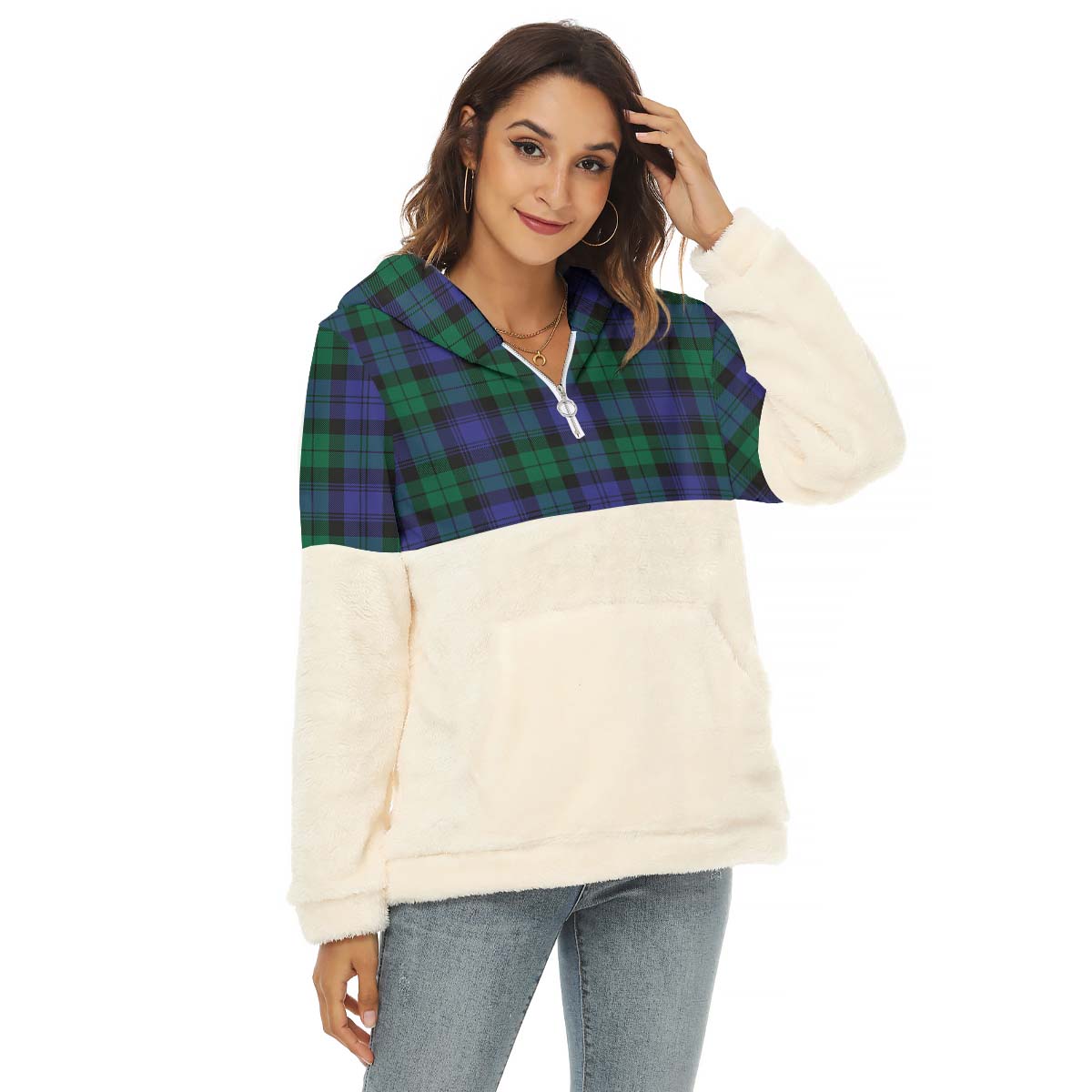 Black Watch Modern Tartan Women's Borg Fleece Hoodie With Half Zip Female - Tartan Vibes Clothing