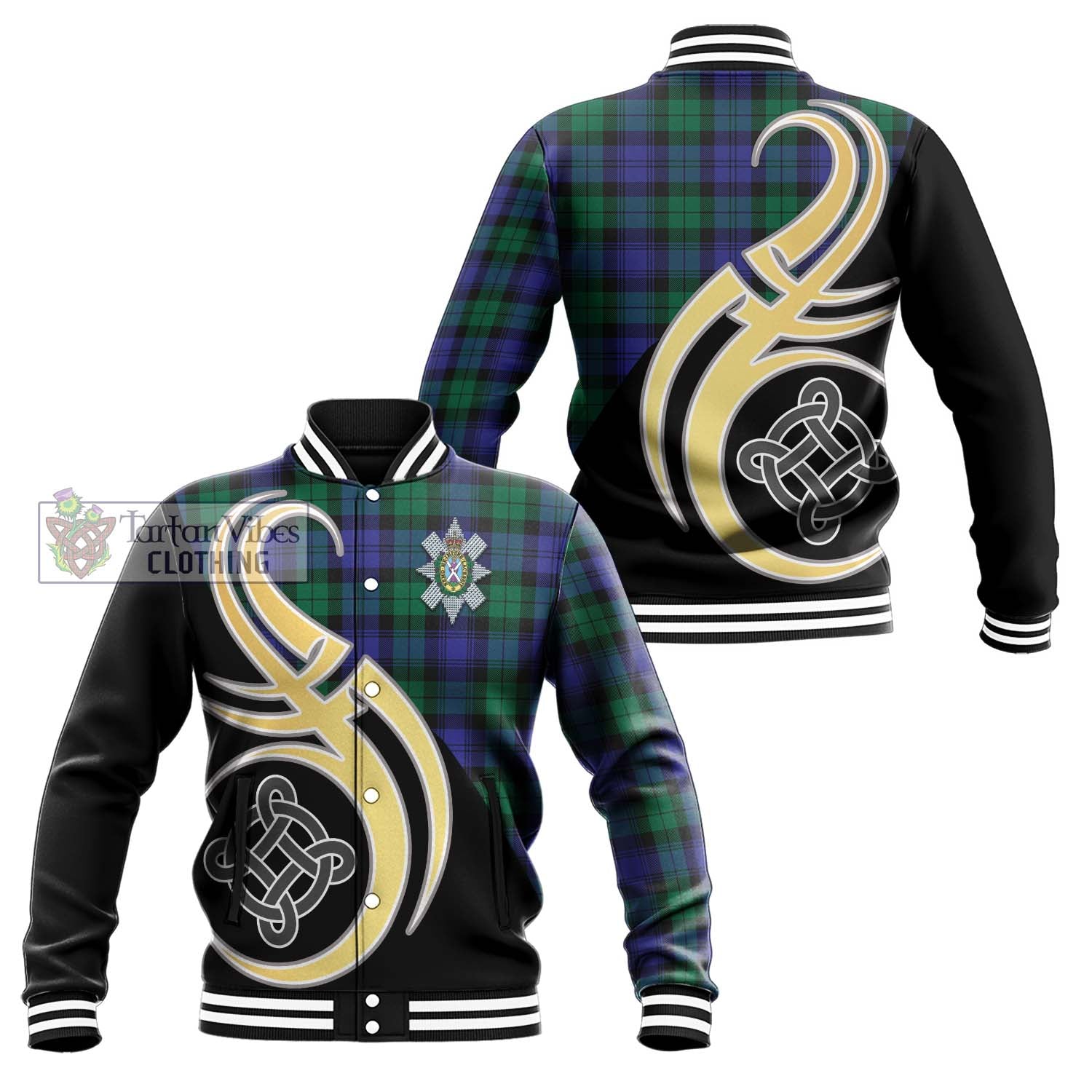 Black Watch Modern Tartan Baseball Jacket with Family Crest and Celtic Symbol Style Unisex - Tartan Vibes Clothing