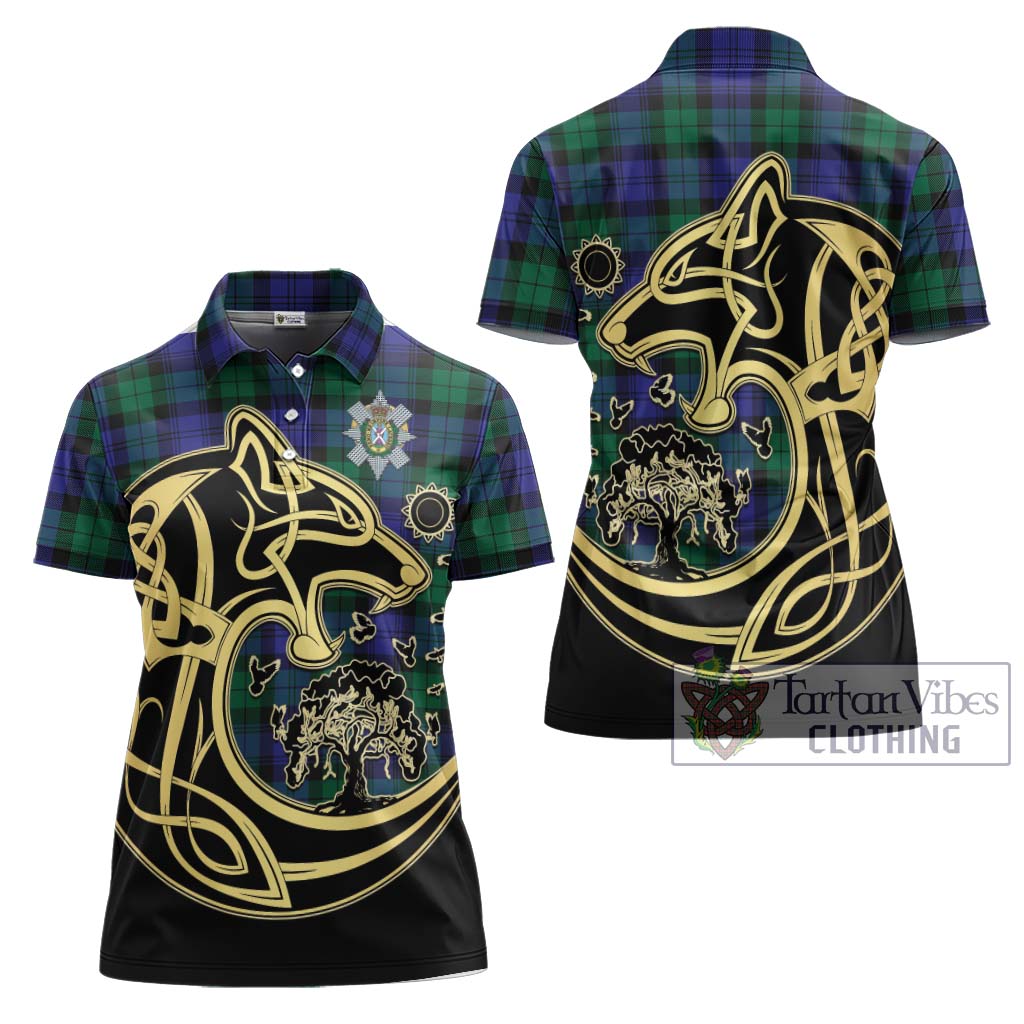 Black Watch Modern Tartan Women's Polo Shirt with Family Crest Celtic Wolf Style Women - Tartanvibesclothing Shop