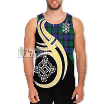 Black Watch Modern Tartan Men's Tank Top with Family Crest and Celtic Symbol Style