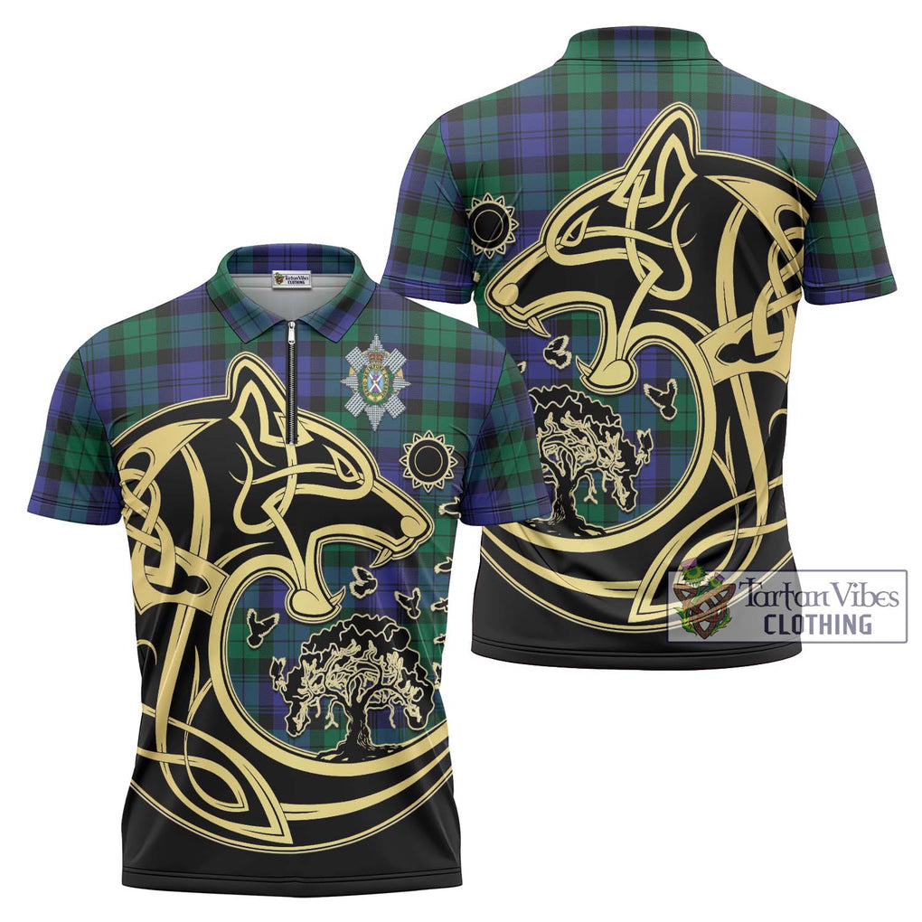 Black Watch Modern Tartan Zipper Polo Shirt with Family Crest Celtic Wolf Style Unisex - Tartanvibesclothing Shop