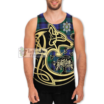 Black Watch Modern Tartan Men's Tank Top with Family Crest Celtic Wolf Style