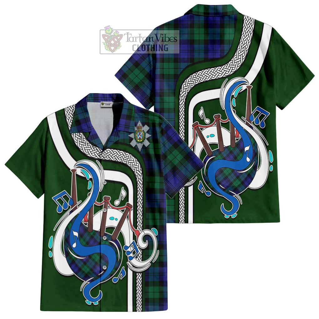 Black Watch Modern Tartan Short Sleeve Button Shirt with Epic Bagpipe Style Kid - Tartanvibesclothing Shop