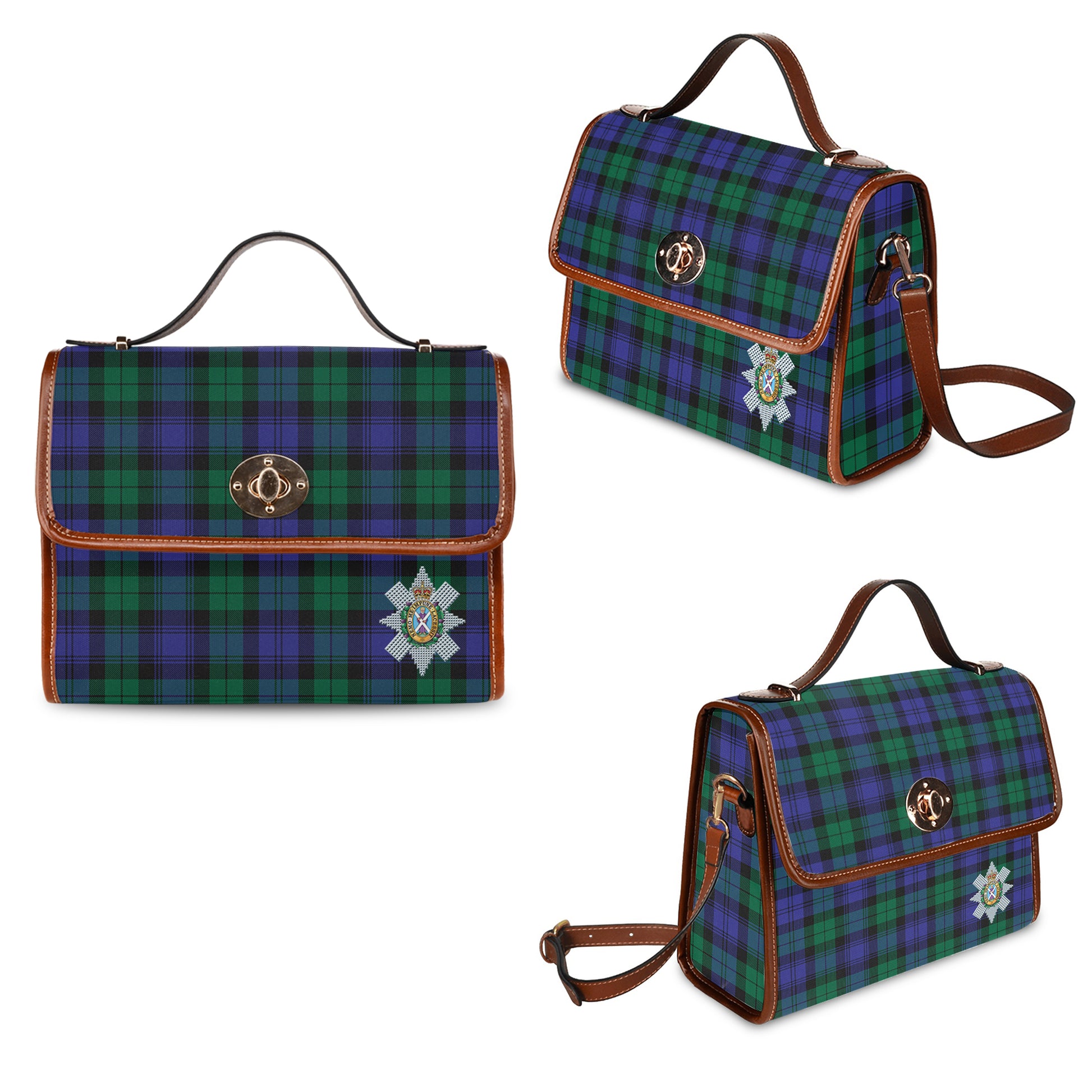 Black Watch Modern Tartan Leather Strap Waterproof Canvas Bag with Family Crest One Size 34cm * 42cm (13.4" x 16.5") - Tartanvibesclothing